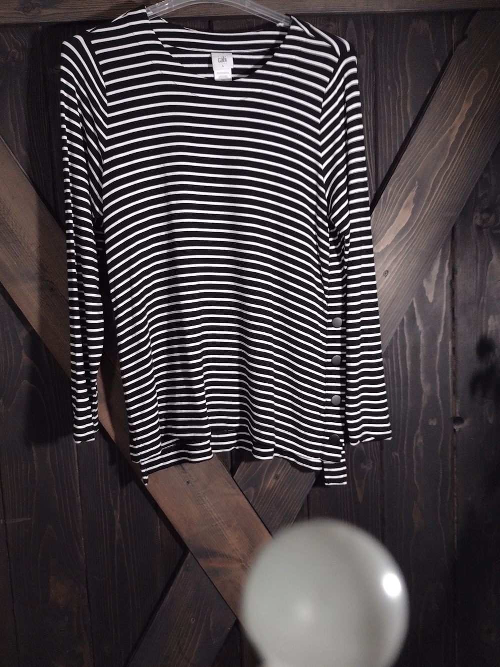 Cabi Black & White Striped Long Sleeve Tee with Side Buttons